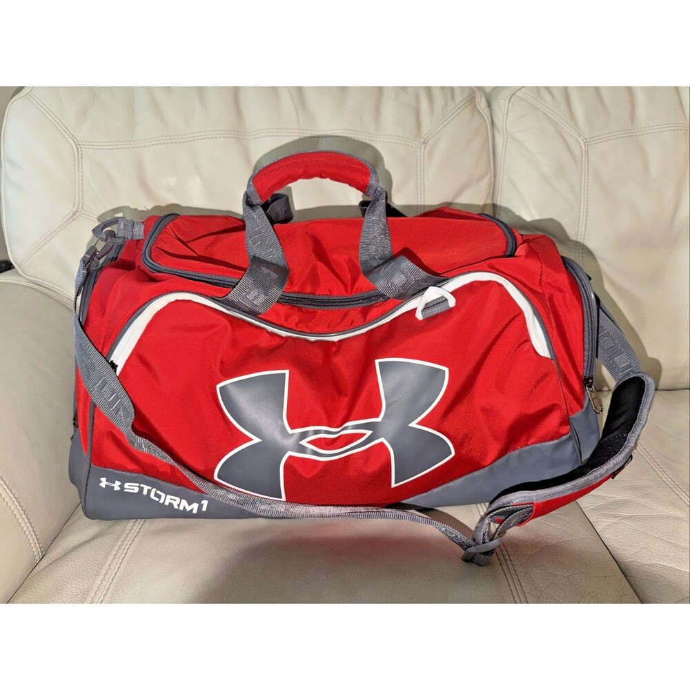 Under Armour Storm 1 UA Duffle Gym Bag Red Gray White w/ Shoulder Strap